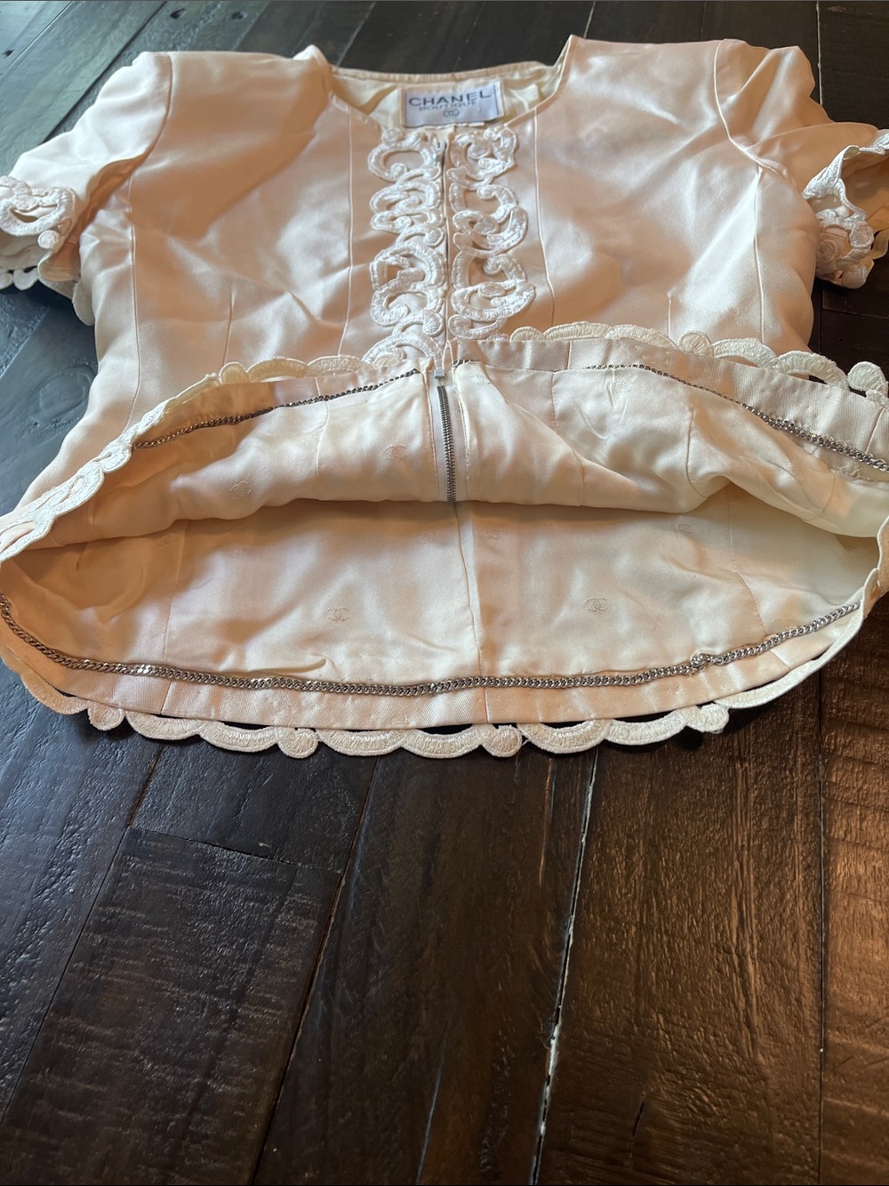 CHANEL Cream Silk Short Sleeve Top with Embroidered Loop Trim - Picture 12 of 16